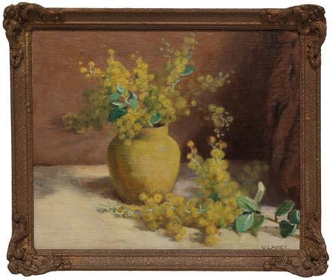 Artwork Wattle in a yellow vase this artwork made of Oil on canvas on plywood, created in 1912-01-01
