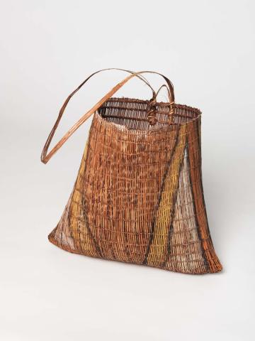 Artwork Bicornual basket (North Queensland rainforest area) this artwork made of Twined lawyer cane (Calamus sp.) with natural pigments, created in 1930-01-01
