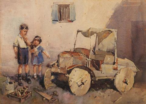 Artwork (Two children and billy cart) this artwork made of Watercolour on paper