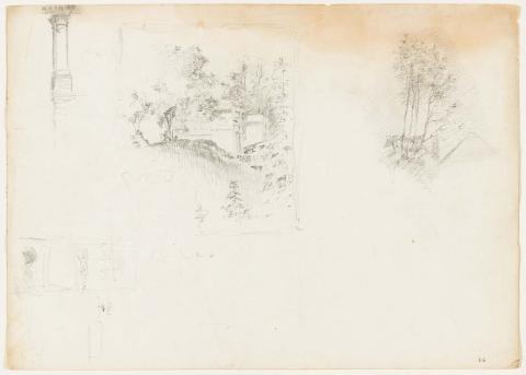 Artwork Study for city end of Victoria Bridge; A bridge pier; Saplings this artwork made of Pencil on paper, created in 1914-01-01