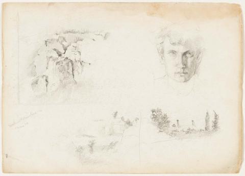 Artwork Rocks in Petrie's Quarry; Self portrait; Sketch of the quarry; View with a roof this artwork made of Pencil on paper, created in 1914-01-01