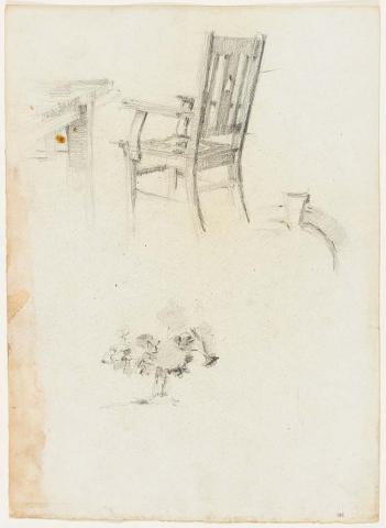 Artwork Chair and table, vase of flowers and portion of the arch for Dining Room, Women's College this artwork made of Pencil on paper, created in 1915-01-01