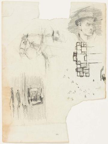 Artwork Carthorse; Car with two figures; Man in a hat; Floor plan this artwork made of Pencil, pen and ink on paper, created in 1913-01-01