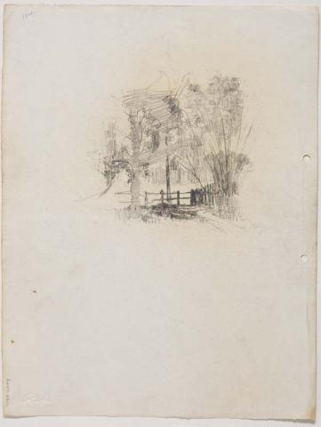 Artwork Corner of fence and trees, Hemmings, Indooroopilly this artwork made of Pencil on paper, created in 1913-01-01
