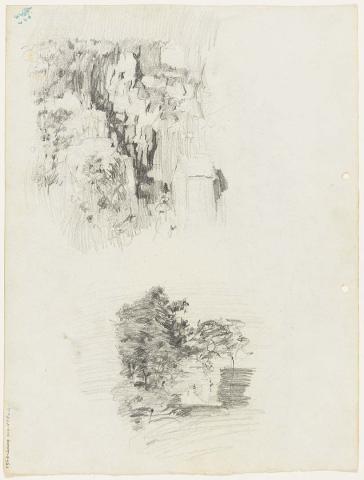 Artwork Quarry; Chimneys through trees this artwork made of Pencil on paper, created in 1914-01-01