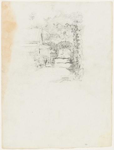 Artwork Study for 'School House looking towards tennis courts' this artwork made of Pencil on paper, created in 1915-01-01