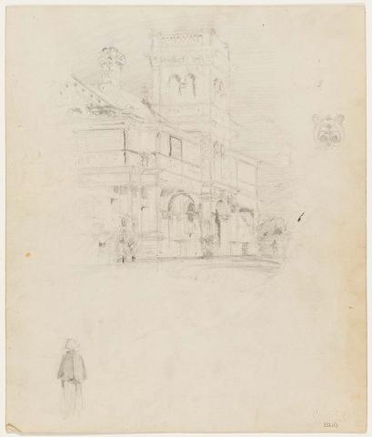 Artwork Study for 'Main front and drive, Erneton, Wickham Terrace' this artwork made of Pencil on paper, created in 1915-01-01