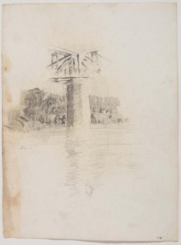 Artwork Central stone pier of the Albert Bridge, Indooroopilly this artwork made of Pencil on paper, created in 1910-01-01