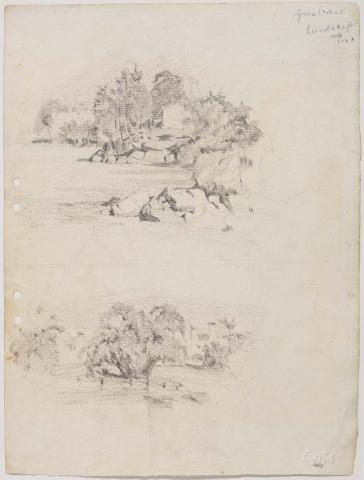 Artwork River headland looking towards Toowong; Property view this artwork made of Pencil on paper, created in 1915-01-01
