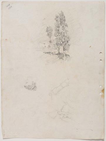 Artwork Feathery gums at Indooroopilly; [upside down] A girl's head; [upside down] Sketch of woman in a hat this artwork made of Pencil on paper, created in 1915-01-01