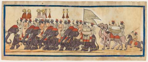 Artwork A Raja riding on horseback in a state procession this artwork made of Watercolour on paper, created in 1800-01-01