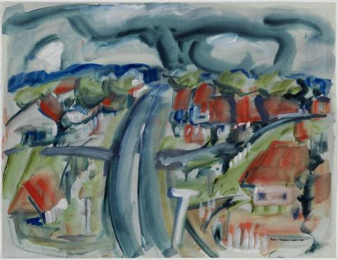 Artwork Suburb with storm approaching this artwork made of Watercolour and gouache on buff wove paper, created in 1960-01-01