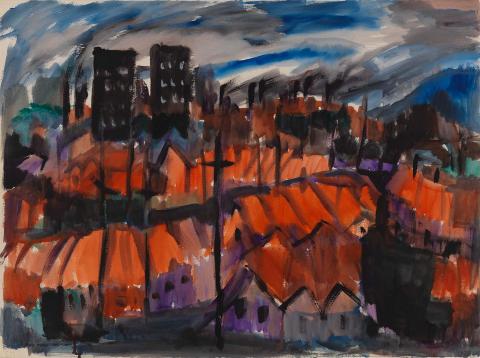 Artwork Inner city drama this artwork made of Watercolour and gouache on buff wove paper, created in 1960-01-01