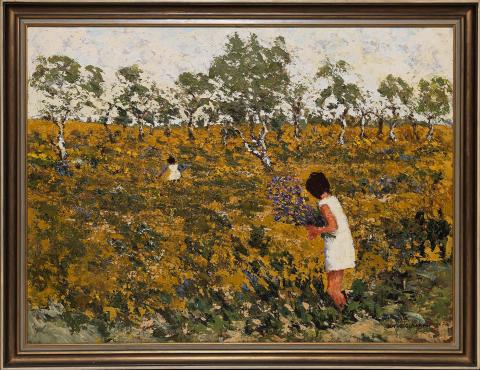 Artwork Children picking wildflowers, Currimundi Lakes this artwork made of Oil on board, created in 1970-01-01