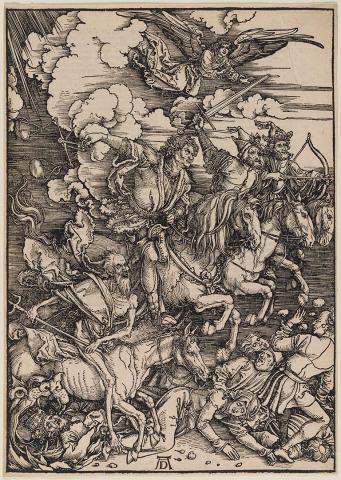 Artwork The Four Horsemen of The Apocalypse (from 'The Apocalypse' series) this artwork made of Woodcut on laid paper, created in 1497-01-01