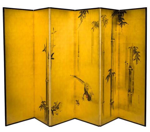 Artwork Untitled (Birds in plum and bamboo) this artwork made of Ink and colour on gold leaf on paper on six panel wooden framed screens, created in 1800-01-01