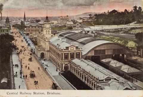 Artwork Central Railway Station, Brisbane (from 'Record' series) this artwork made of Postcard: Colourised photograph