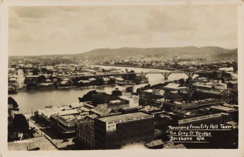 Artwork Panorama from City Hall Tower of the Grey Street Bridge, Brisbane, Qld (from 'Mowbray Series: Scenic and Historic Views') this artwork made of Postcard: Colour lithograph