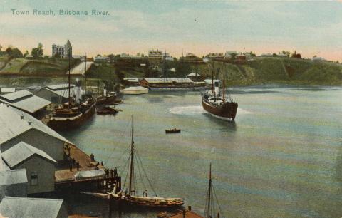 Artwork Town Reach, Brisbane River (from 'Coloured Shell Series: Brisbane Views (series W 21)') this artwork made of Postcard: Colour lithograph on paper, created in 1905-01-01
