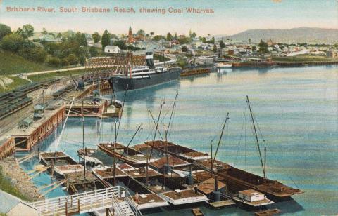 Artwork Brisbane River, South Brisbane Reach, showing coal wharves (from 'Coloured Shell Series: Brisbane Views (series 8)') this artwork made of Postcard: Colour lithograph on paper, created in 1905-01-01