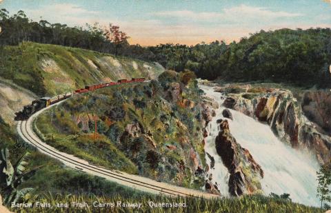 Artwork Barron Falls and train, Cairns Railway, Queensland (from 'Coloured Shell Series') this artwork made of Postcard: Colour lithograph on paper, created in 1905-01-01