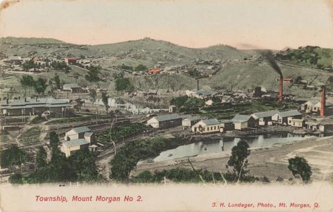 Artwork Township, Mount Morgan No. 2 this artwork made of Postcard: Coloured lithograph on paper, created in 1910-01-01