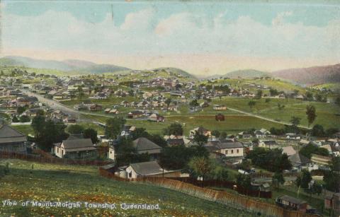 Artwork View of Mount Morgan township, Queensland (from 'Coloured Shell Series: Queensland Views') this artwork made of Postcard: Colour lithograph