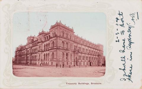 Artwork Treasury Buildings, Brisbane this artwork made of Postcard: Tinted print