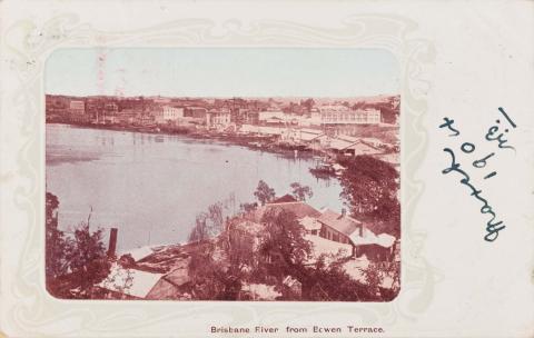 Artwork Brisbane River from Bowen Terrace this artwork made of Postcard: Tinted print on paper, created in 1895-01-01
