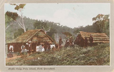 Artwork Blacks' camp, Palm Island, North Queensland this artwork made of Postcard: Colourised photograph