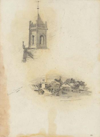 Artwork Bell tower of St Andrew's, Creek Street; Bowen Terrace this artwork made of Pencil on sketch paper, created in 1914-01-01