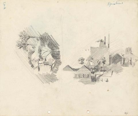 Artwork House with two palms; Factory with St Brigid's, Red Hill in the background this artwork made of Pencil on sketch paper, created in 1916-01-01