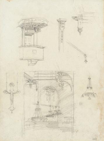 Artwork Studies of interior of St Brigid's, Red Hill this artwork made of Pencil on sketch paper, created in 1916-01-01