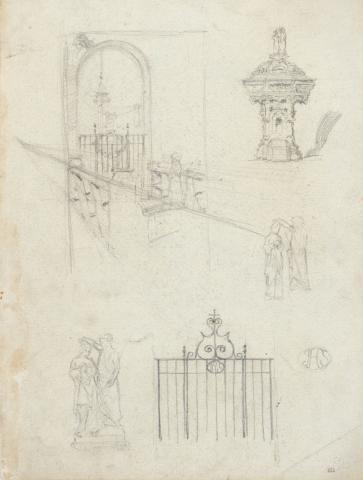 Artwork Sculpture groups and gate this artwork made of Pencil on sketch paper, created in 1916-01-01