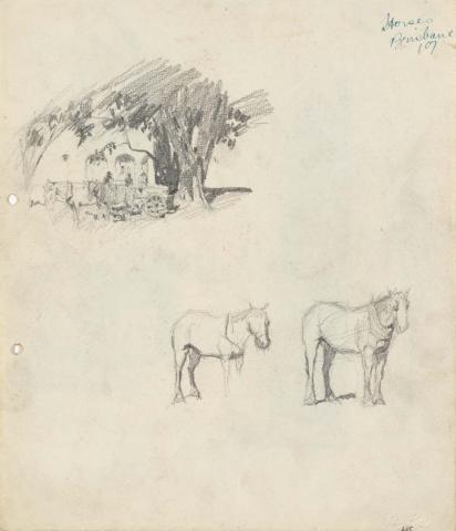 Artwork Under the trees in Eagle Street; Two draught horses this artwork made of Pencil on sketch paper, created in 1914-01-01