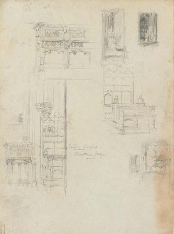 Artwork Studies of the Cathedral choir stalls and pulpit this artwork made of Pencil on sketch paper, created in 1914-01-01