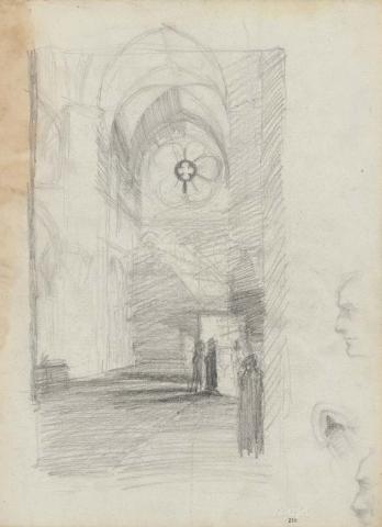 Artwork Cathedral interior looking towards the rose window this artwork made of Pencil on sketch paper, created in 1914-01-01