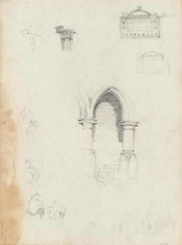 Artwork Neo-Gothic archway; Paris Opera; Light sketches of people this artwork made of Pencil on sketch paper, created in 1914-01-01