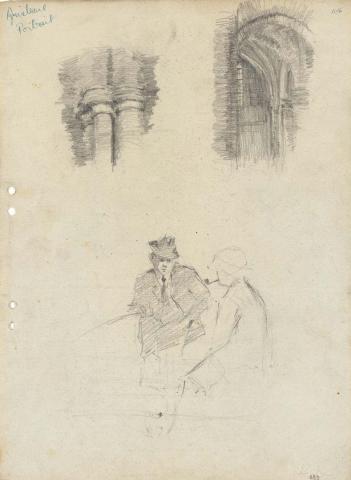 Artwork Ted and the auditor at Cooroy; Cathedral details this artwork made of Pencil on sketch paper, created in 1916-01-01