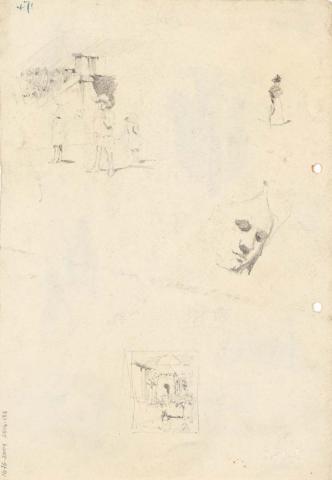 Artwork House with family; Female figure; Portrait; View of a building this artwork made of Pencil on sketch paper, created in 1914-01-01