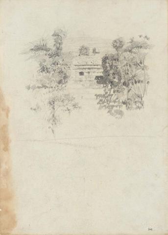 Artwork Cowlishaw's house amongst the trees this artwork made of Pencil on sketch paper, created in 1916-01-01