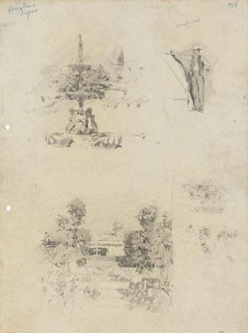 Artwork Fountain at Cowlishaw's; Old man at the stable door; Garden steps in front of the house this artwork made of Pencil on sketch paper, created in 1916-01-01