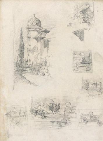 Artwork Studies of the L'Estrange house this artwork made of Pencil on sketch paper, created in 1916-01-01