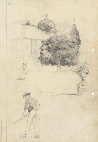 Artwork L'Estrange's mango tree and corner tower this artwork made of Pencil on sketch paper, created in 1916-01-01