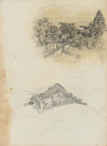 Artwork Trees with fence and road; Mountain this artwork made of Pencil on sketch paper, created in 1914-01-01