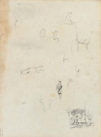 Artwork Small studies of animals, a man and house this artwork made of Pencil on sketch paper, created in 1914-01-01