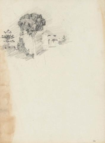 Artwork House and trees this artwork made of Pencil on sketch paper, created in 1914-01-01