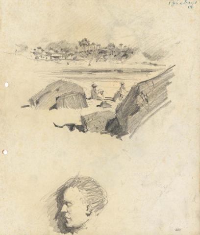 Artwork Beach at Tweed with rocks; Man's head this artwork made of Pencil on sketch paper, created in 1915-01-01
