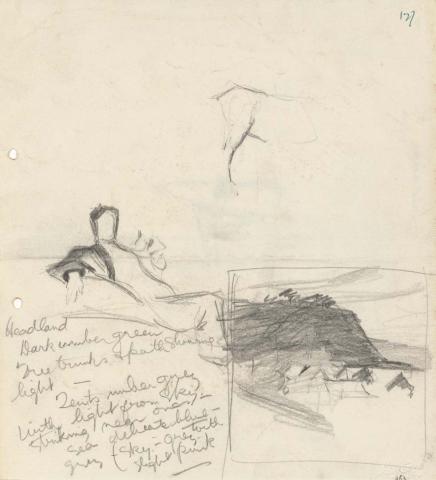 Artwork Headland at dusk, Tweed; Reclining figure; Back leg of horse this artwork made of Pencil on sketch paper, created in 1915-01-01