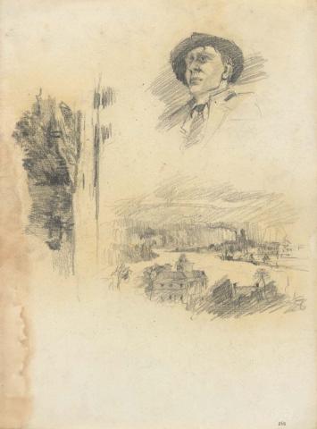 Artwork New Farm Reach from Bartley's Folly; Man in a hat; Trees on river bank this artwork made of Pencil on sketch paper, created in 1914-01-01